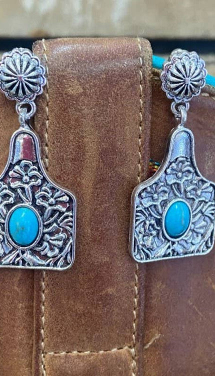 Cowtag Embossed Western Turquoise Earrings