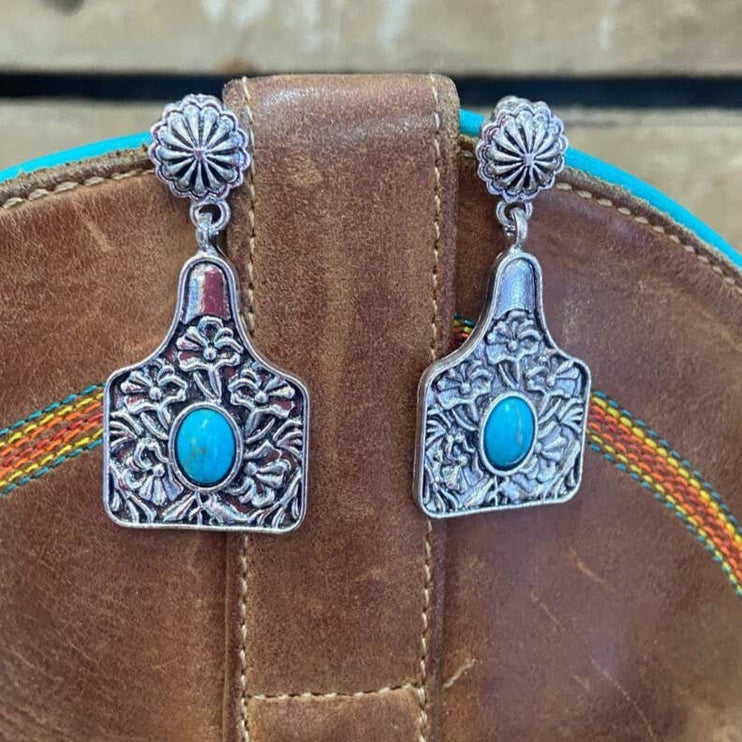 Cowtag Embossed Western Turquoise Earrings