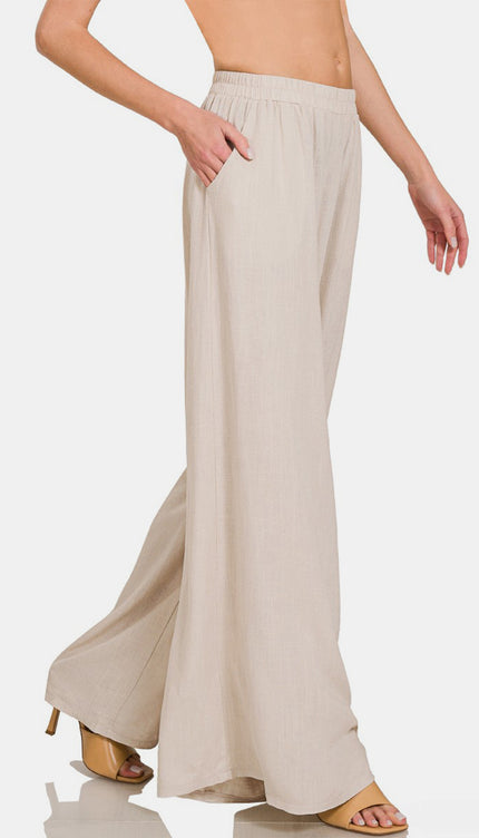 Zenana Pleated Linen Blend Wide Leg Pants-Modish