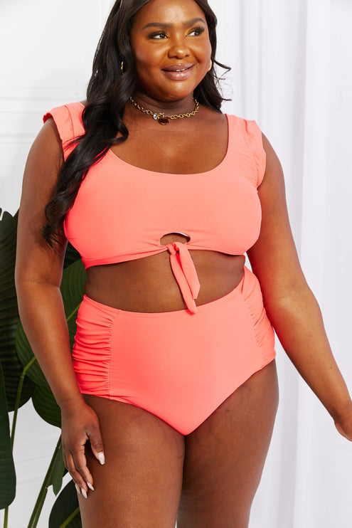 Marina West Swim Sanibel Crop Swim Top and Ruched Bottoms Set in Coral-Modish