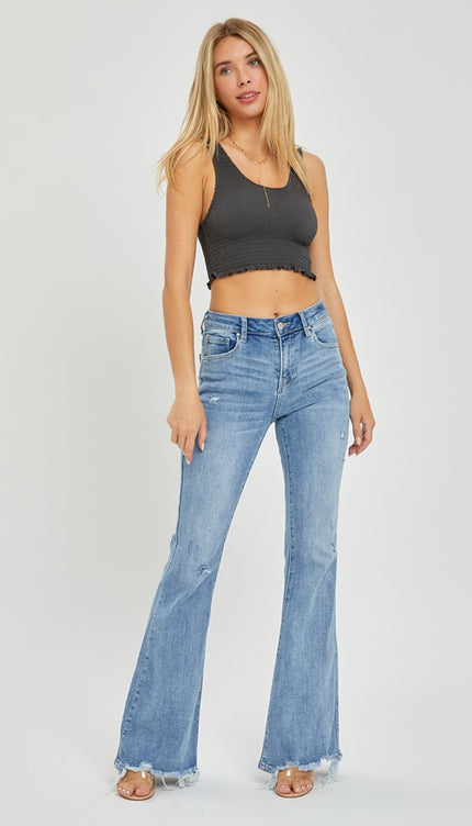 Risen Full Size High Rise Frayed Hem Flare Jeans