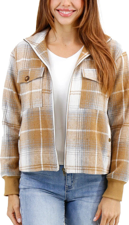 Flannel Plaid Jacket in Camel-Ivory