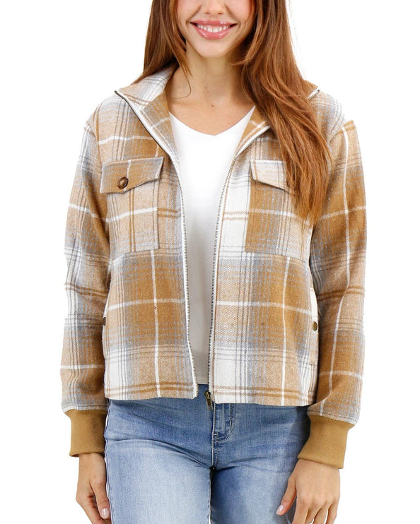 Flannel Plaid Jacket in Camel-Ivory