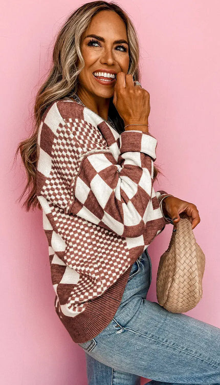 Checkered Print Drop Shoulder Round Neck Sweater