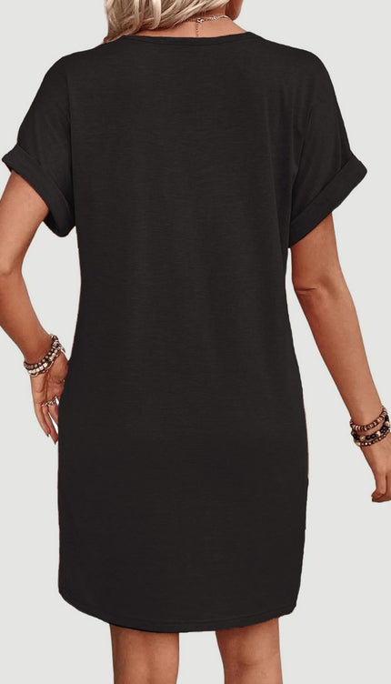 Modish - Quarter Button V-Neck Short Sleeve Dress