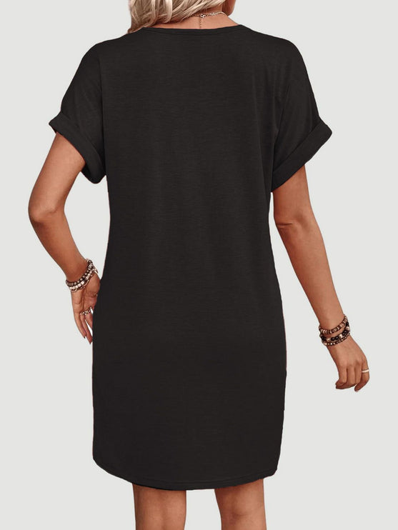 Modish - Quarter Button V-Neck Short Sleeve Dress