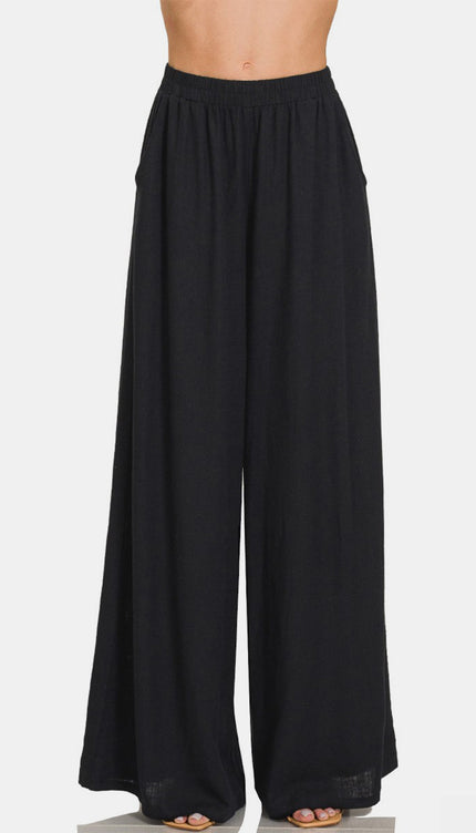 Zenana Pleated Linen Blend Wide Leg Pants-Modish