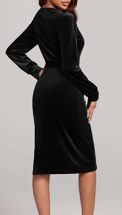 Round Neck Tie Waist Long Sleeve Velvet Dress