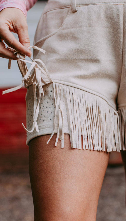 Dixie Rhinestone Embellished Fringe Shorts - Cream
