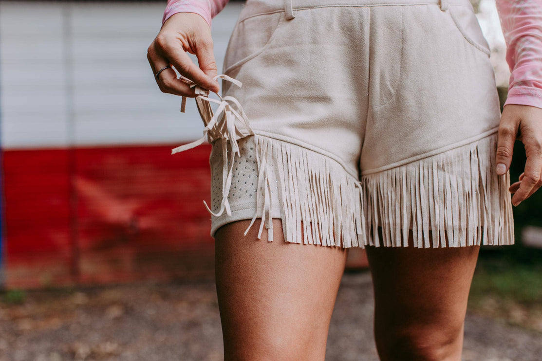 Dixie Rhinestone Embellished Fringe Shorts - Cream