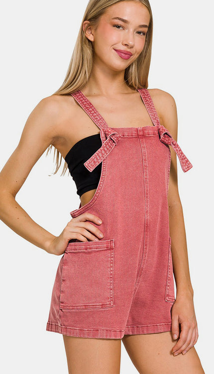 Zenana Washed Knot Strap Rompers-Modish