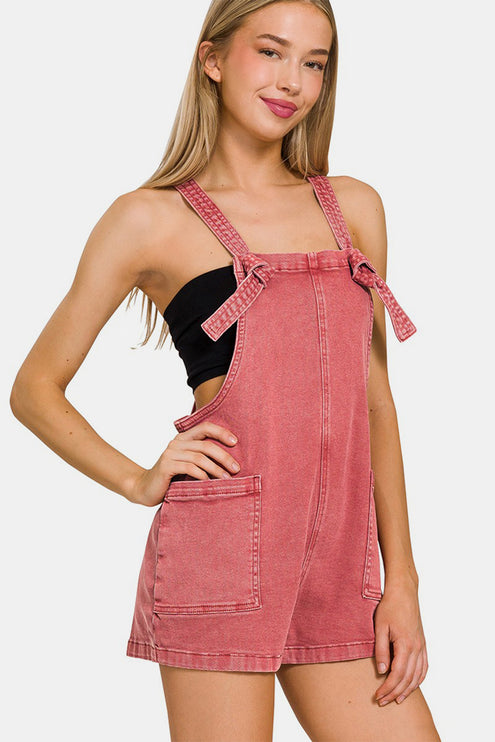 Zenana Washed Knot Strap Rompers-Modish