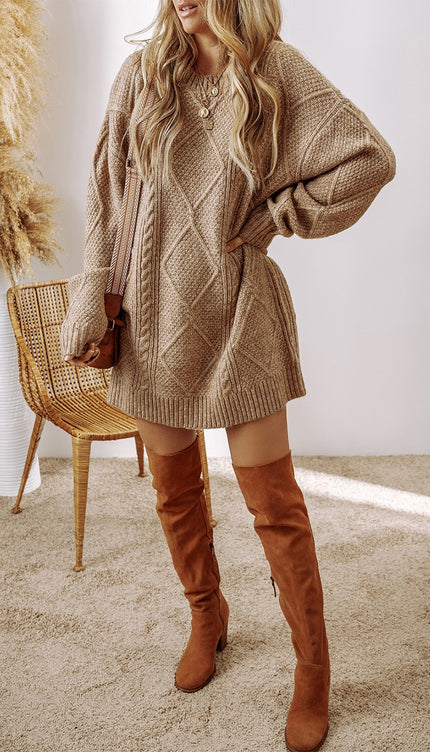 Cable-Knit Round Neck Sweater Dress