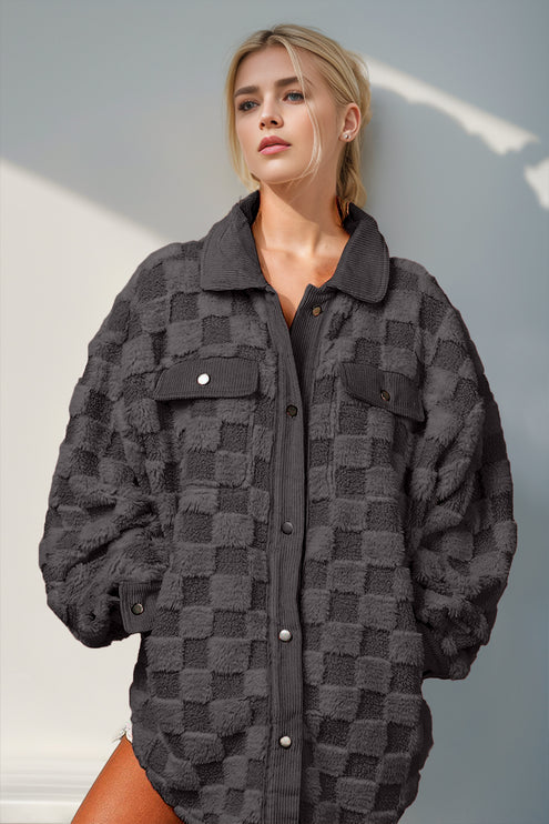 Modish Double Take Button Up Fuzzy Checkered Shacket