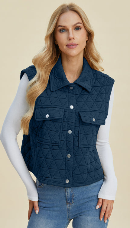 Double Take Full Size Pocketed Texture Snap Down Vest Coat