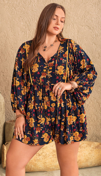 Modish Rustic Chic Plus Size Floral Tie Neck Balloon Sleeve Romper