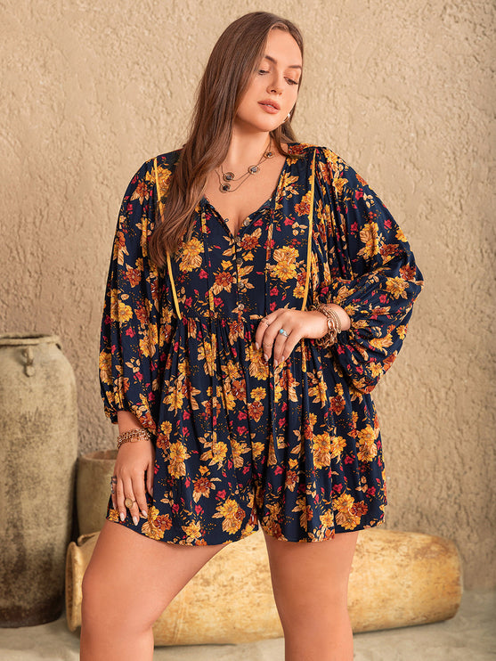 Modish Rustic Chic Plus Size Floral Tie Neck Balloon Sleeve Romper