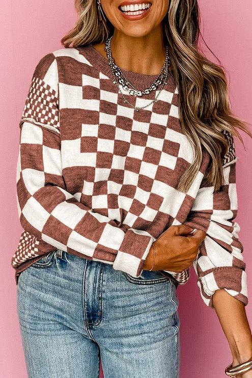 Checkered Print Drop Shoulder Round Neck Sweater - Brown / S / 50% Viscose + 28% Polyester + 22% Polyamide