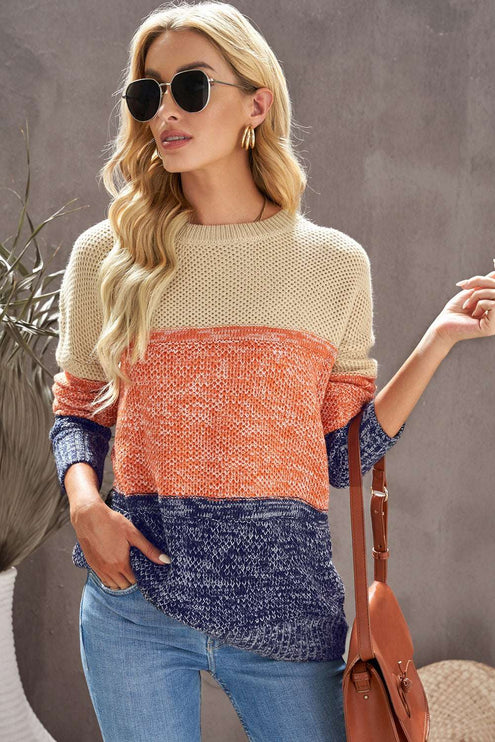 Color Block Round Neck Long Sleeve Sweater