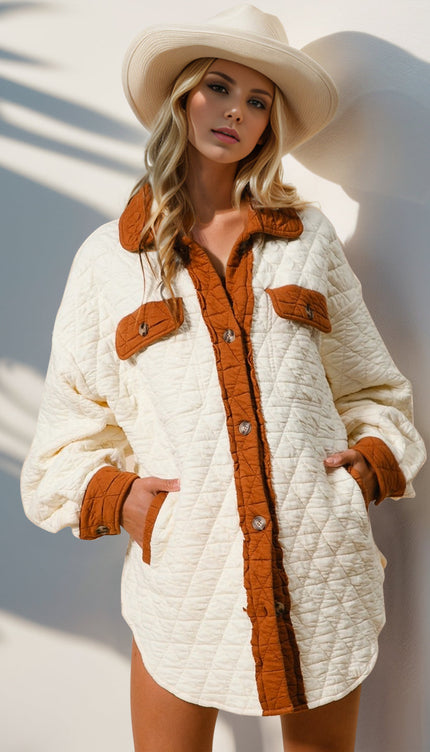Contrast Button Up Quilted Shacket - Cream / S