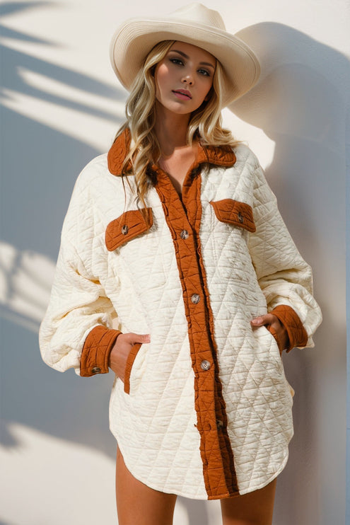 Contrast Button Up Quilted Shacket - Cream / S