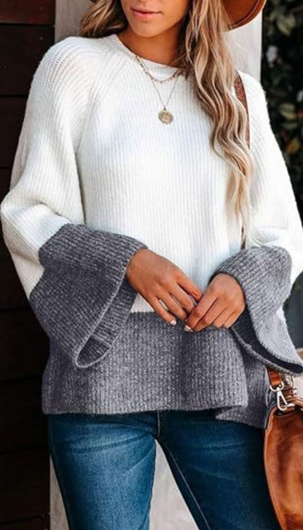 Contrast Round Neck Long Sleeve Sweater - White / S
