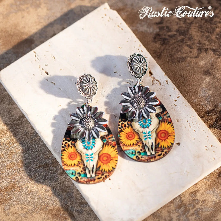 Couture’s Sunflower Painted Bull Skull Sunflower earrings