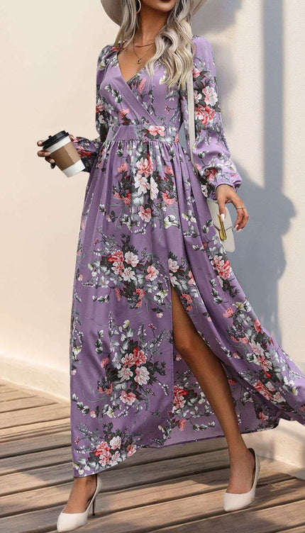 Perfee Slit Printed Surplice Long Sleeve Maxi Dress