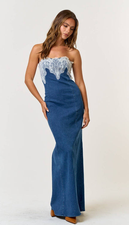 Modish Rustic Chic Denim Lace Tube Maxi Dress