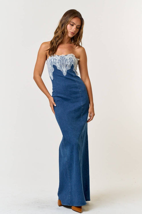 Modish Rustic Chic Denim Lace Tube Maxi Dress