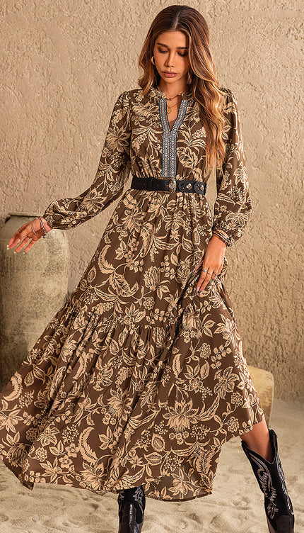 Ruched Printed Notched Long Sleeve Maxi Dress