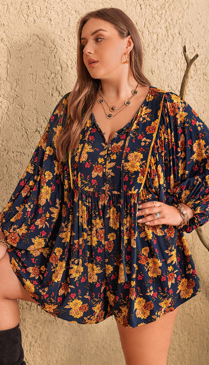 Modish Rustic Chic Plus Size Floral Tie Neck Balloon Sleeve Romper