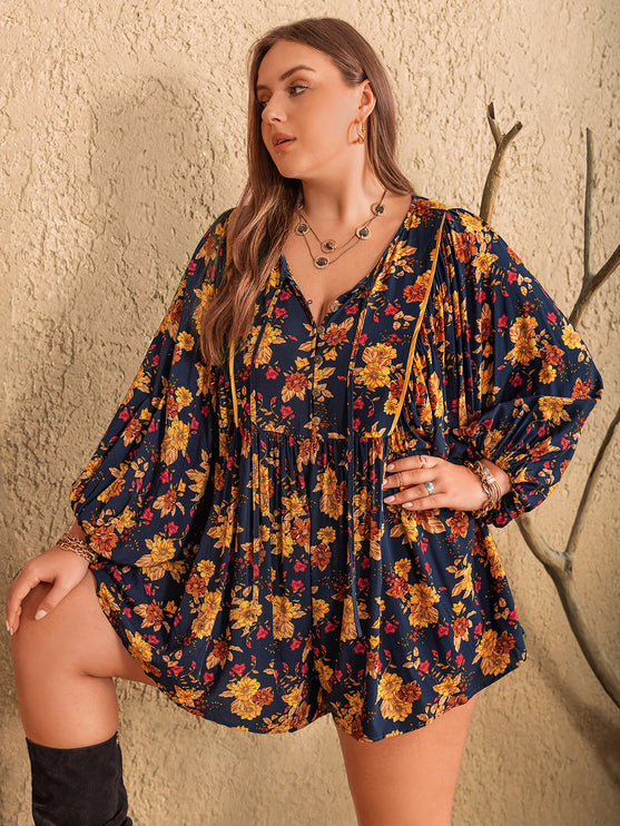 Modish Rustic Chic Plus Size Floral Tie Neck Balloon Sleeve Romper