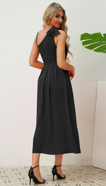 Bow Asymmetrical Neck Sleeveless Dress