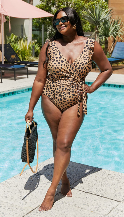 Marina West Swim Full Size Float On Ruffle Faux Wrap One-Piece in Leopard-Modish