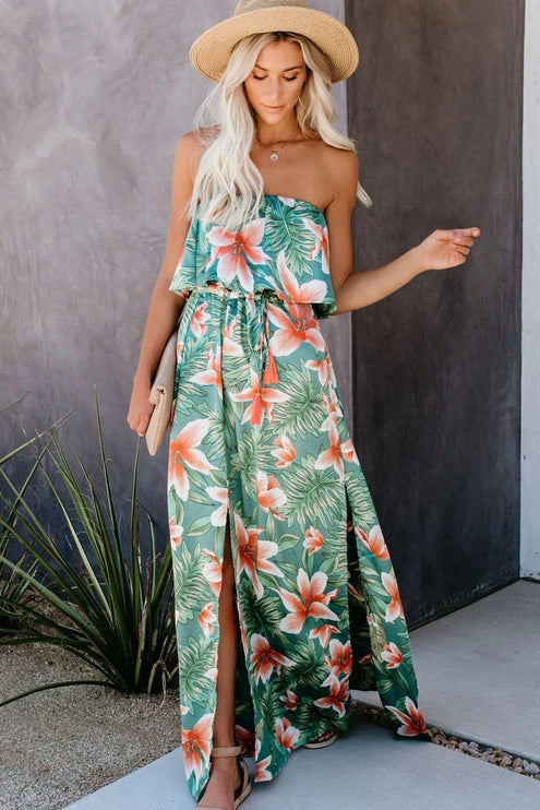 Modish - Modish Rustic Chic Slit Tropical Tube Dress