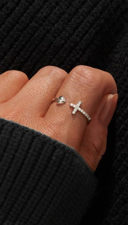 Heart Shape Cross Inlaid Zircon Open Ring