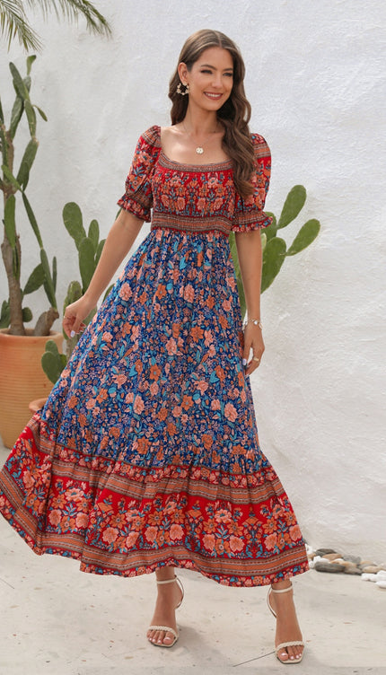 Modish Rustic Chic Floral Flounce Sleeve Midi Dress