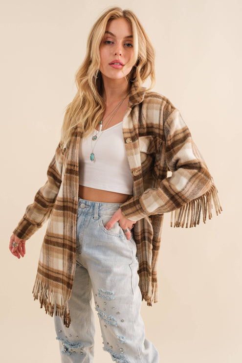 Blue B Yarn Dyed Plaid Chest Pocket Fringe Bottom Jacket