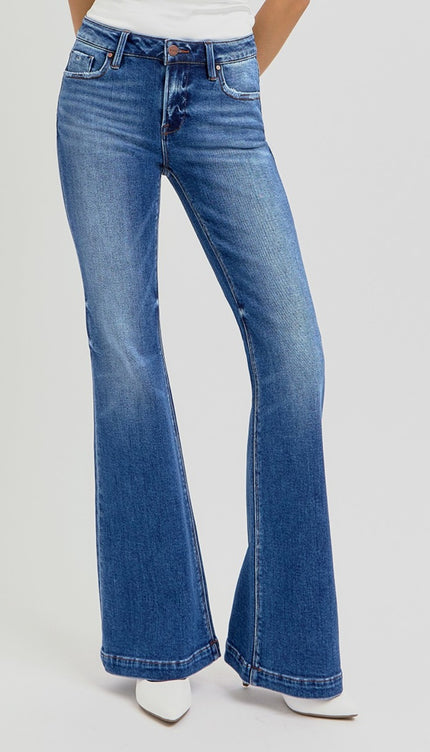 RISEN Full Size Low Rise Flare Jeans with Pockets