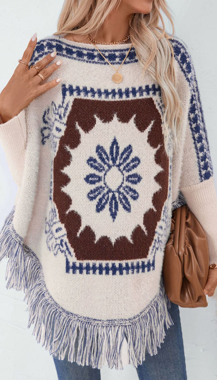 Fringe Geometric Long Sleeve Poncho