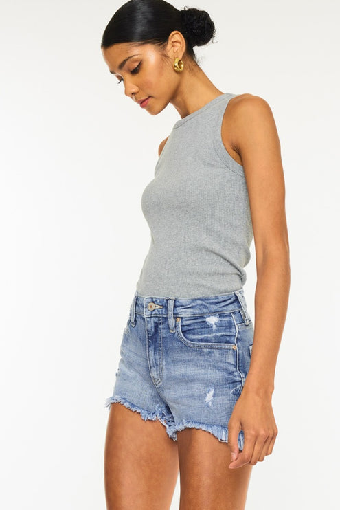 Kancan Distressed Raw Hem Denim Shorts-Modish