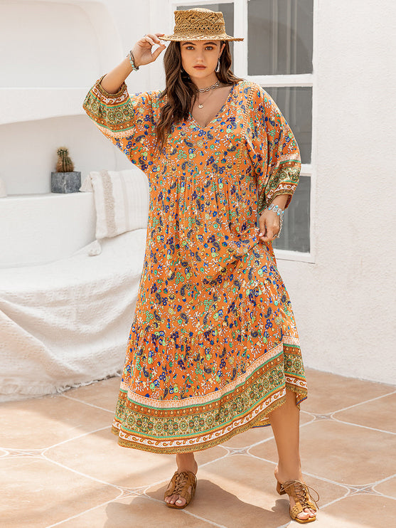 Modish Rustic Chic Plus Size Floral V-Neck Midi Dress