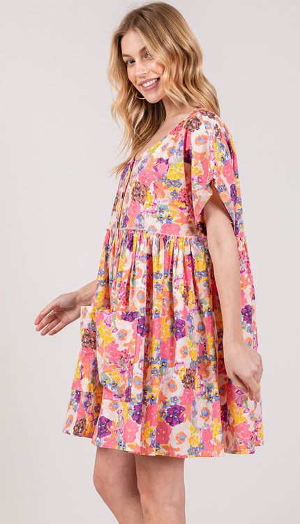 SAGE + FIG Floral Short Sleeve Babydoll Dress with Pockets