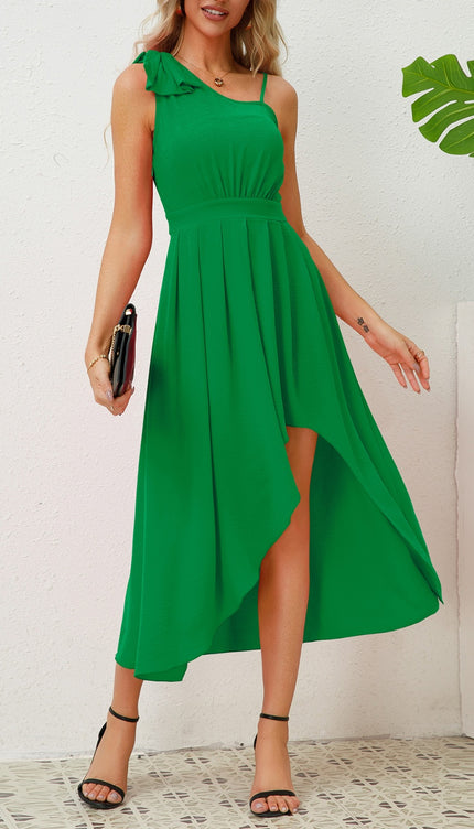 Bow Asymmetrical Neck Sleeveless Dress