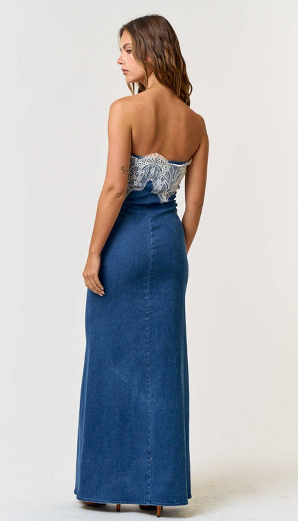 Modish Rustic Chic Denim Lace Tube Maxi Dress