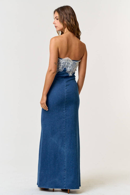 Modish Rustic Chic Denim Lace Tube Maxi Dress