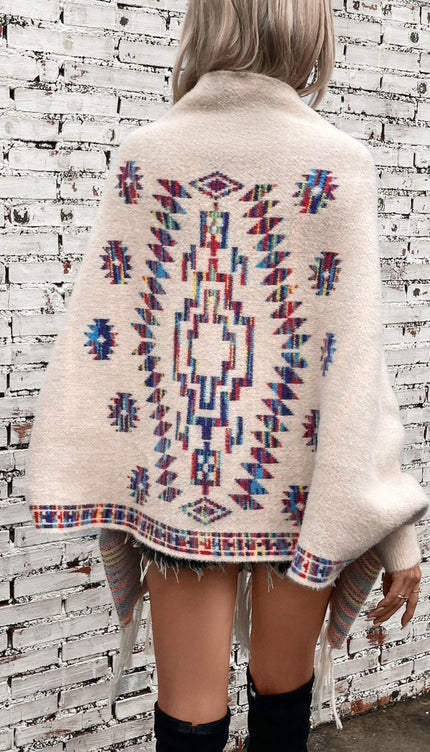 Fringe Geometric Open Front Long Sleeve Cape