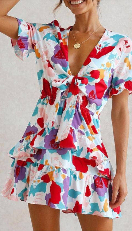 Summer Bow Short Sleeve Floral Print Babydoll Dress