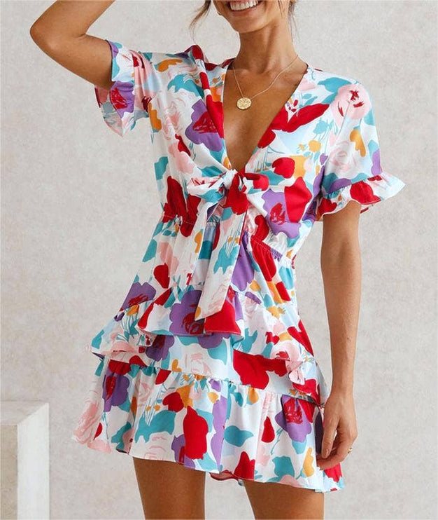 Summer Bow Short Sleeve Floral Print Babydoll Dress